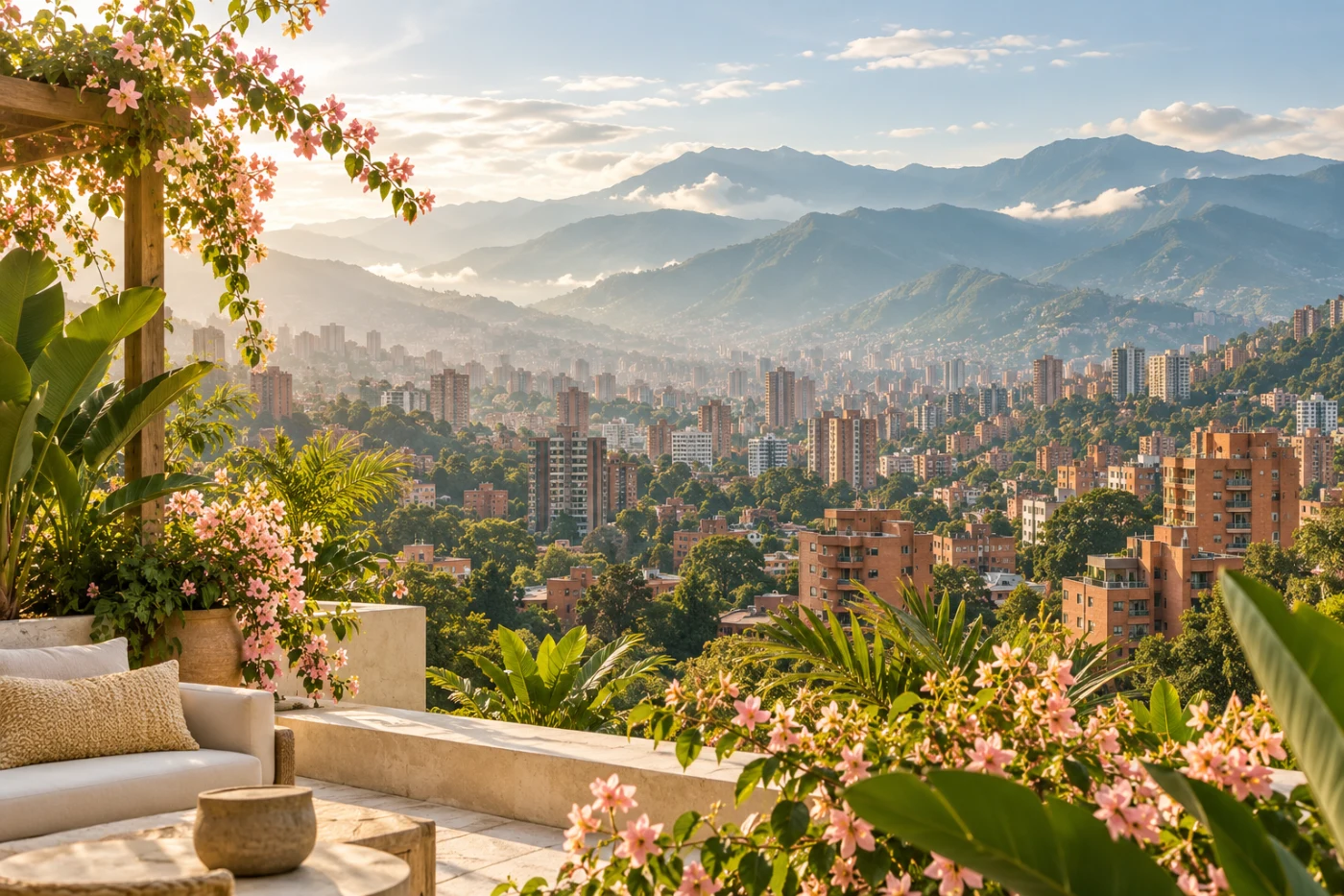 Ambientación inspirada en Medellín, con montañas verdes y arquitectura de ladrillo